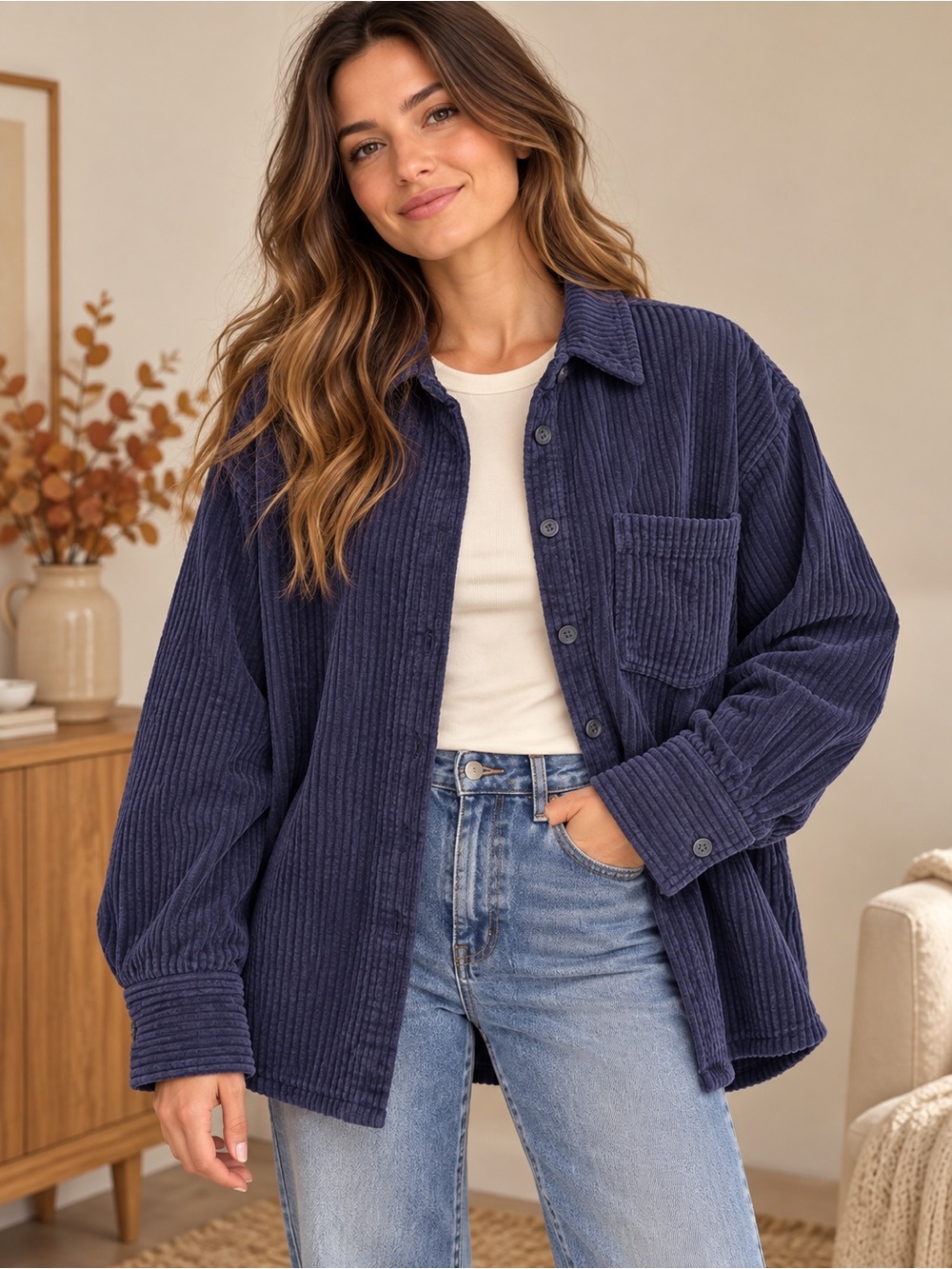 H&M Navy Blue Corduroy Button Up Shirt Shacket Women Small Boxy Cabine Cozy Soft
